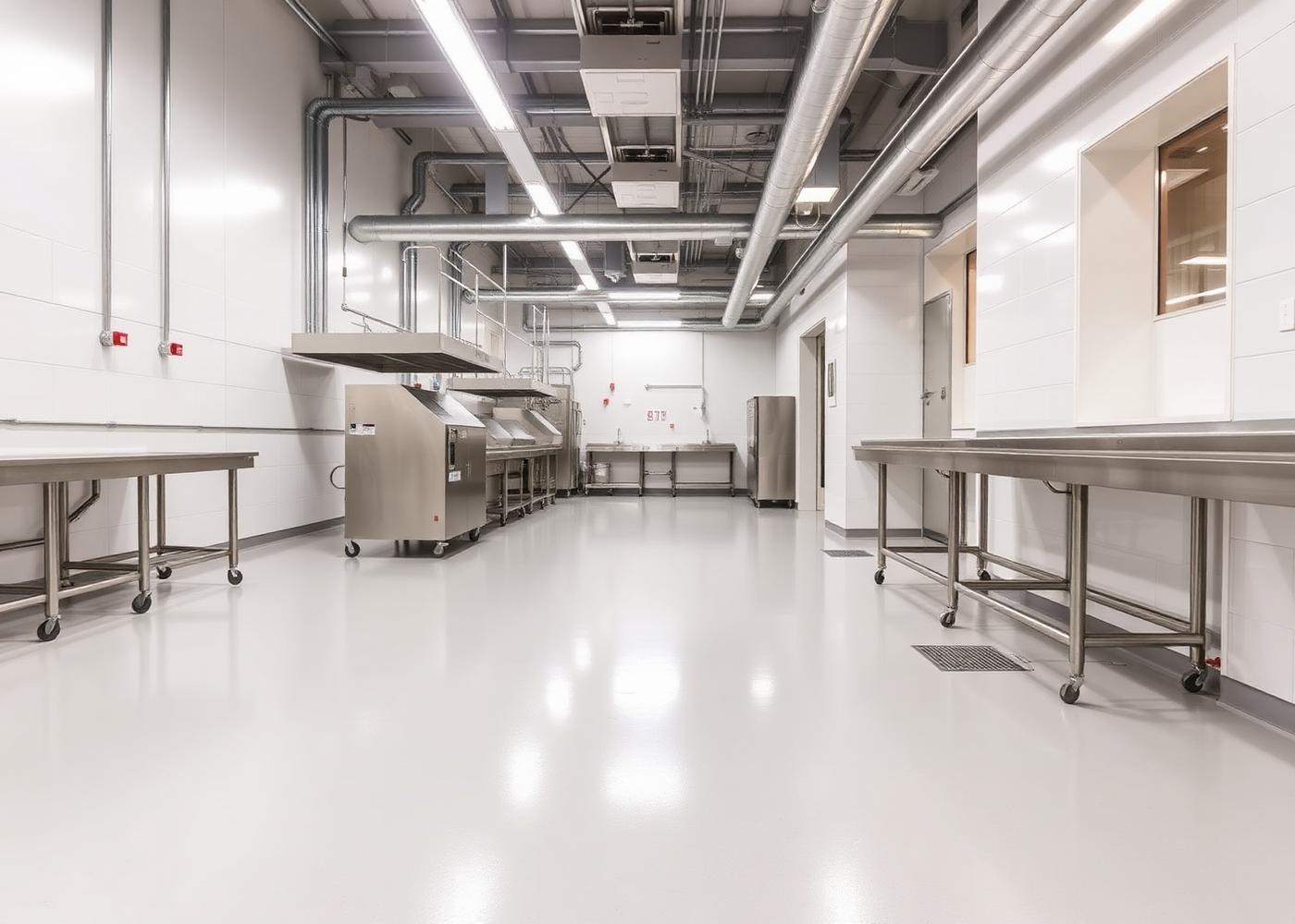 Atelier agroalimentaire avec sol époxy clair et inox