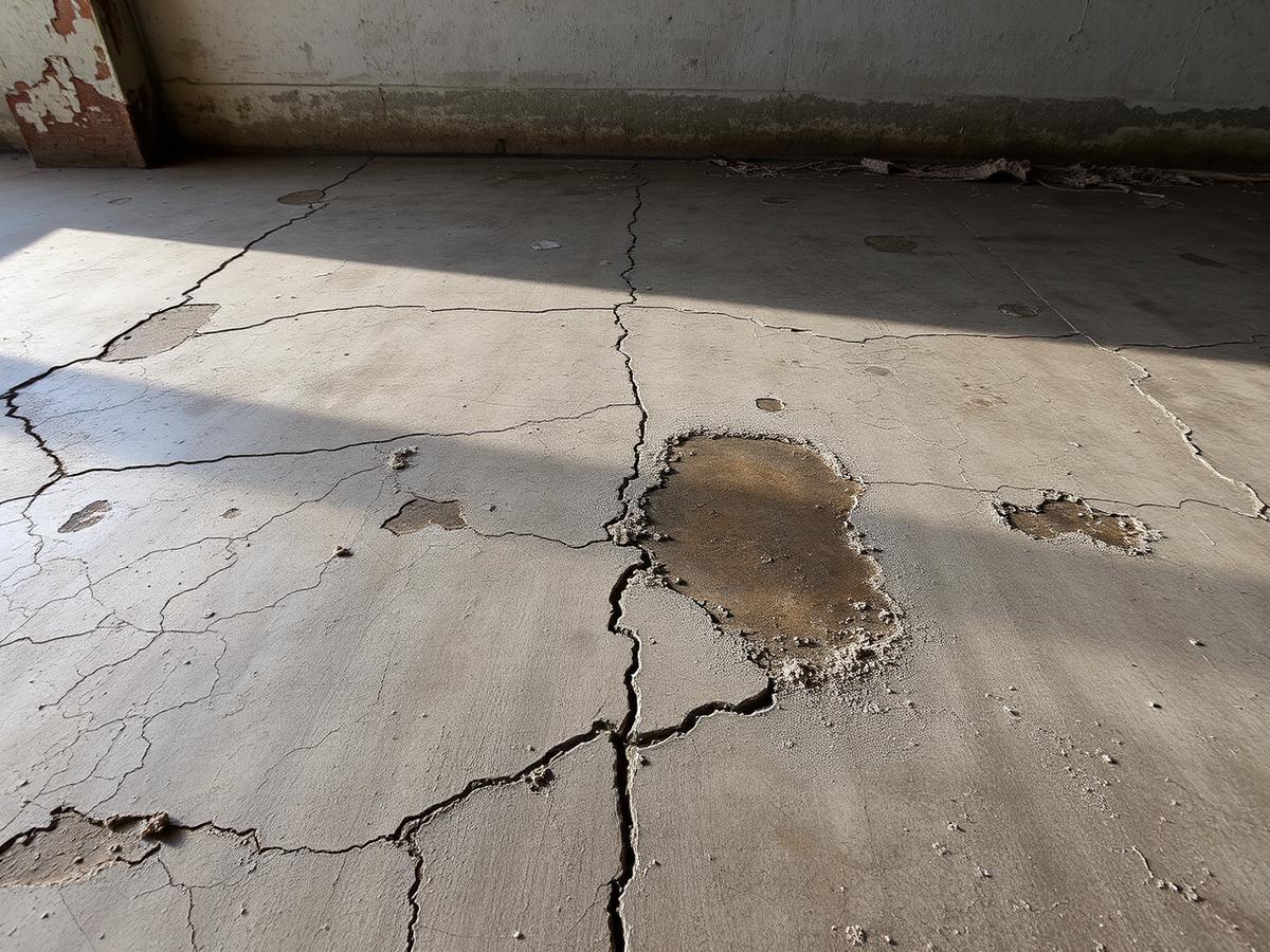 Sol béton avant travaux : surface usée et fissurée