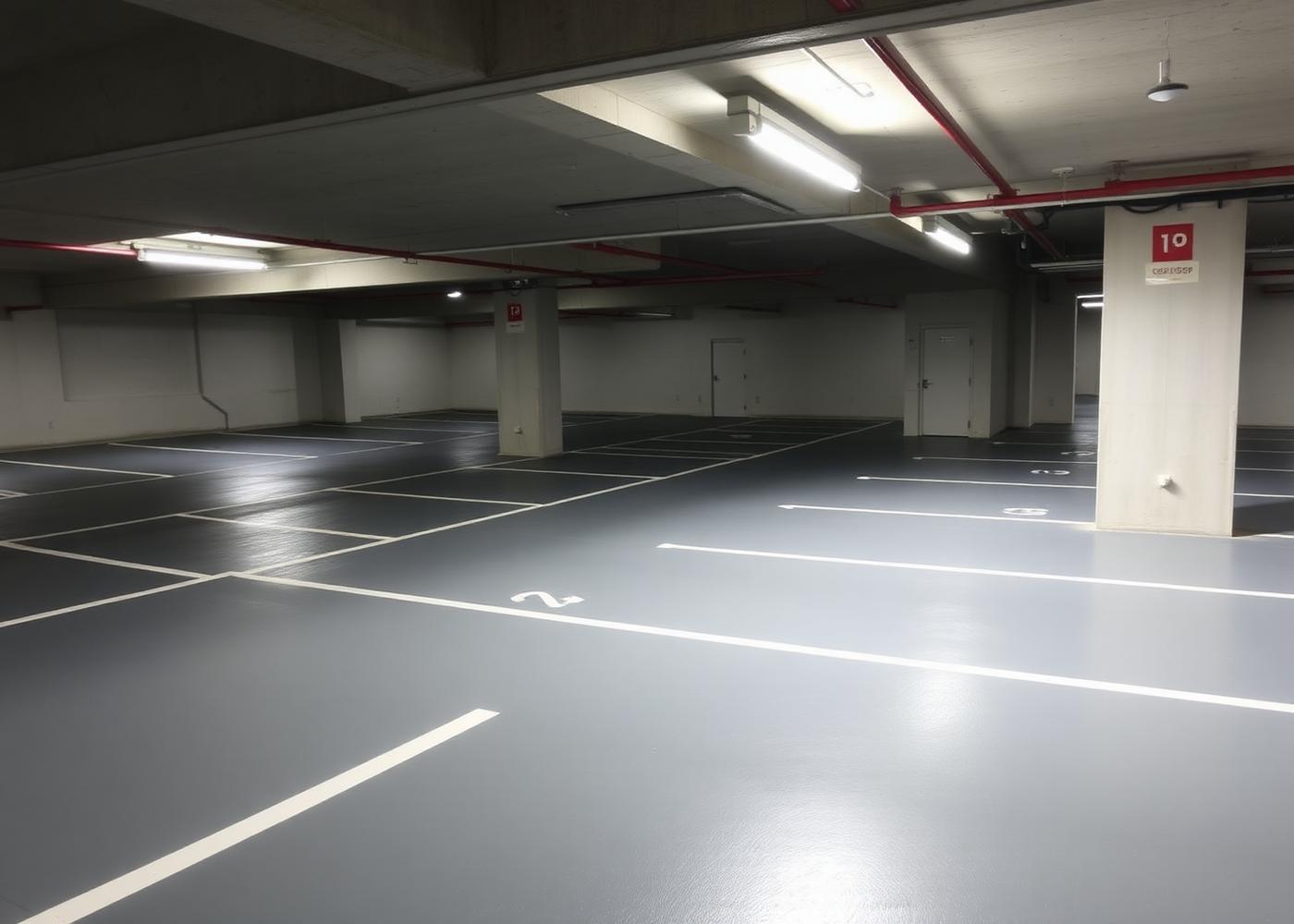 Parking souterrain avec sol époxy gris et marquage des places en blanc